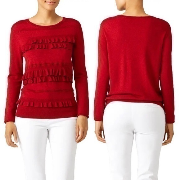 Diane Von Furstenberg Benni Medium Red Rubiate Ruffle Sweater Merino Wool Blend - Picture 1 of 11